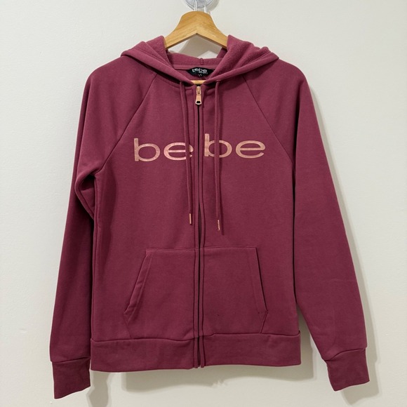 Bebe Sport Womens Full Zip Hoodie Burgundy Gold Logo Sweatshirt - Picture 2 of 8